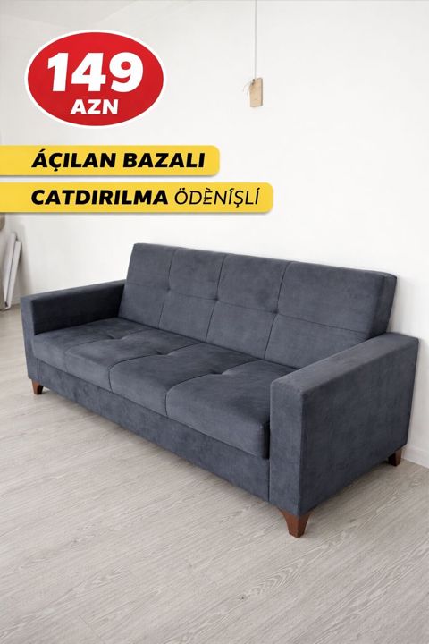 Açılan bazalı divan - Rəng: tünd boz - Üç oturacaqlı, geniş arxa və