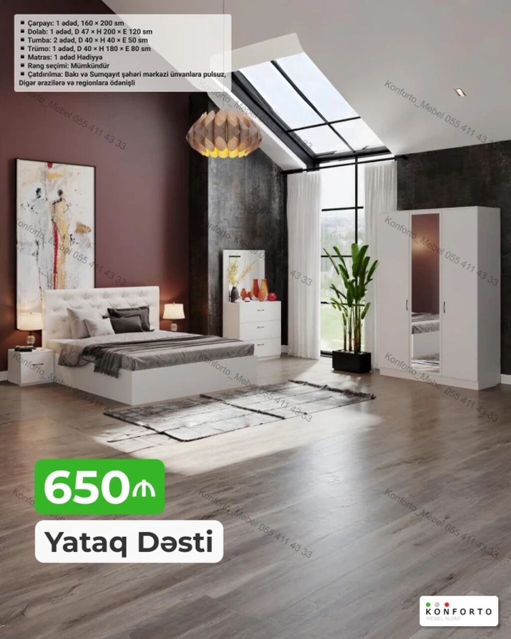 Yataq Dəsti – 650 ₼ Komplektin tərkibi və ölçülər: - Çarpayı: 1 ədəd — Yataq otağı mobilya dəstləri, Bakı