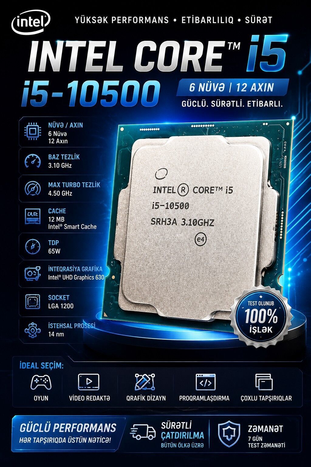 Intel Core i5-10500 prosessor - 6 nüvə, 12 axın - Baz tezlik: 3.10