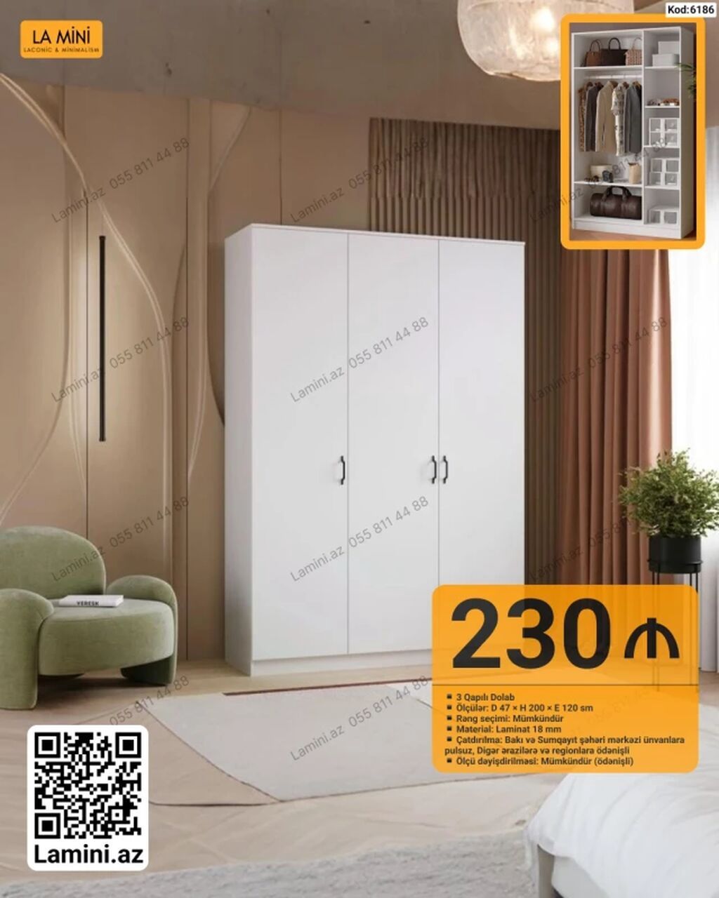 3 qapılı dolab – La Mini - Ölçülər: dərinlik 47 sm × hündürlük 200 sm — Mebel, Bakı