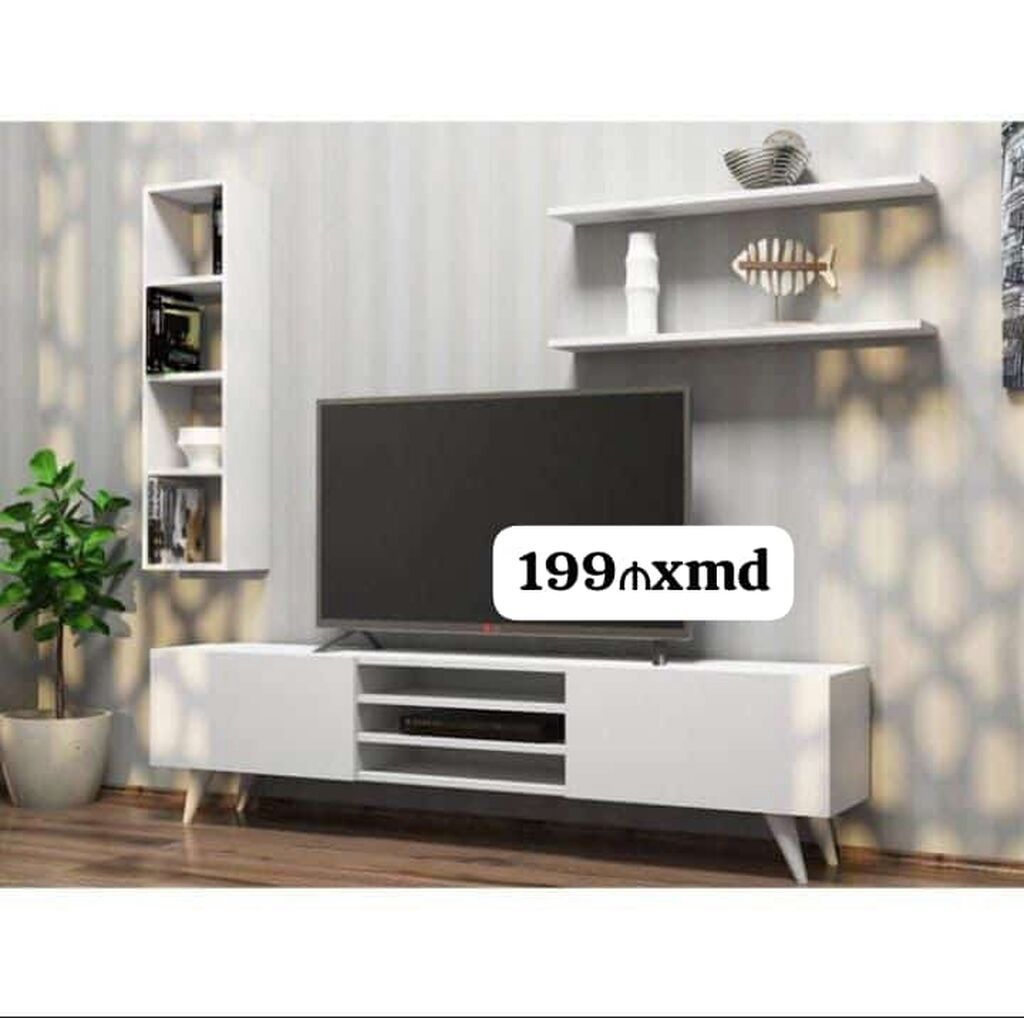 Ağ rəngdə müasir TV stendi və divar rəfləri dəsti. - Minimalist