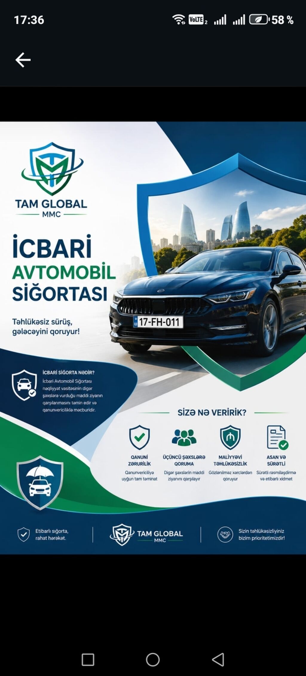 Tam Global MMC – sığorta xidmətləri Xidmətlər: - Kasko sığortası — Sığorta, Bakı (3)