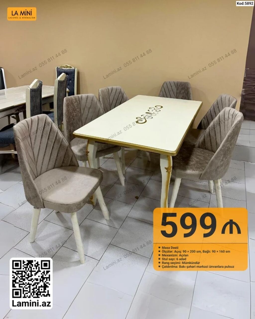 Masa dəsti - Masa ölçüləri: açıq 90×200 sm, bağlı 90×160 sm -