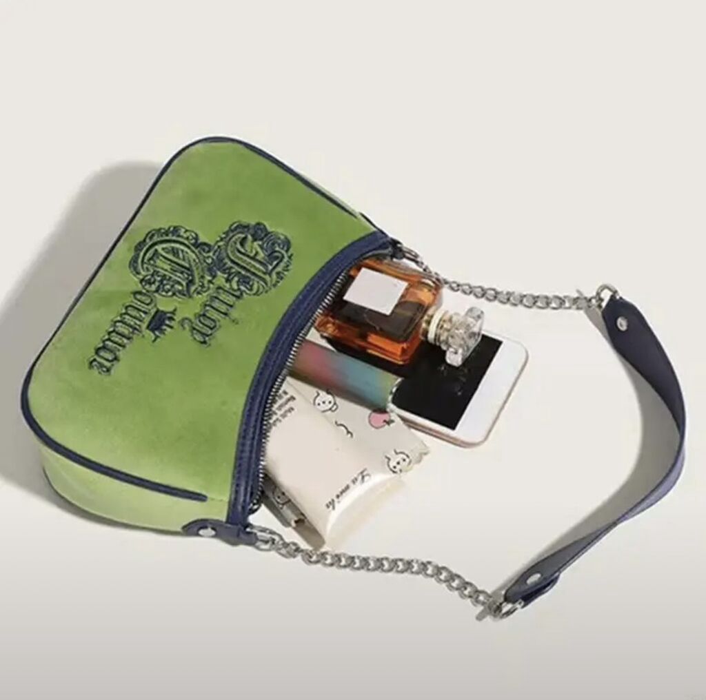 Juicy Couture çiyin çantası – yaşıl məxməri tekstura və tünd göy — Çantalar, Bakı (5)