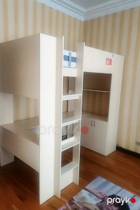 İki mərtəbəli modul çarpayı və iş/çəkməcə bloku - Material: açıq krem