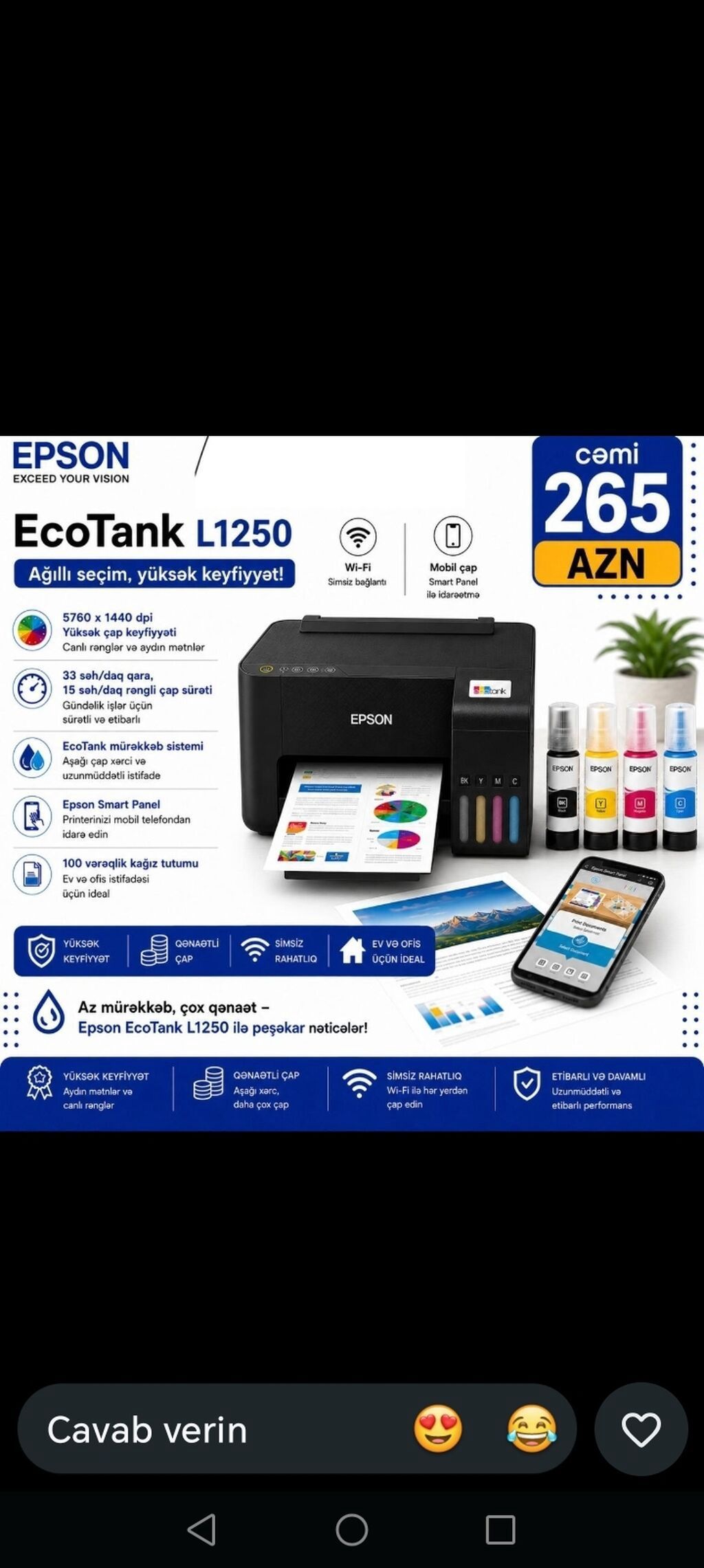 Epson EcoTank L1250 - ağıllı seçim, yüksək keyfiyyət