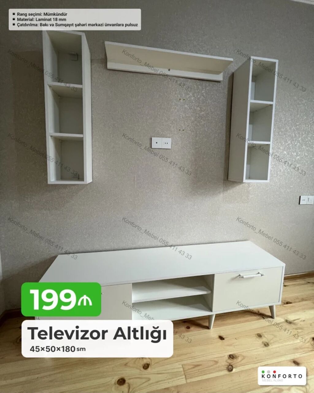 Televizor altlığı və asma divar dolabları dəsti - Ölçülər: 45×50×180