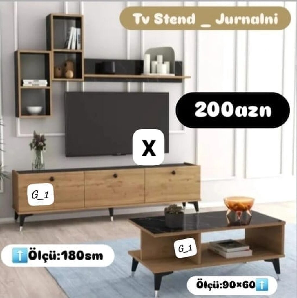 Tv stend və jurnalni dəsti - Üst divar modulu: açıq rəf və kubik — Mebel, Bakı