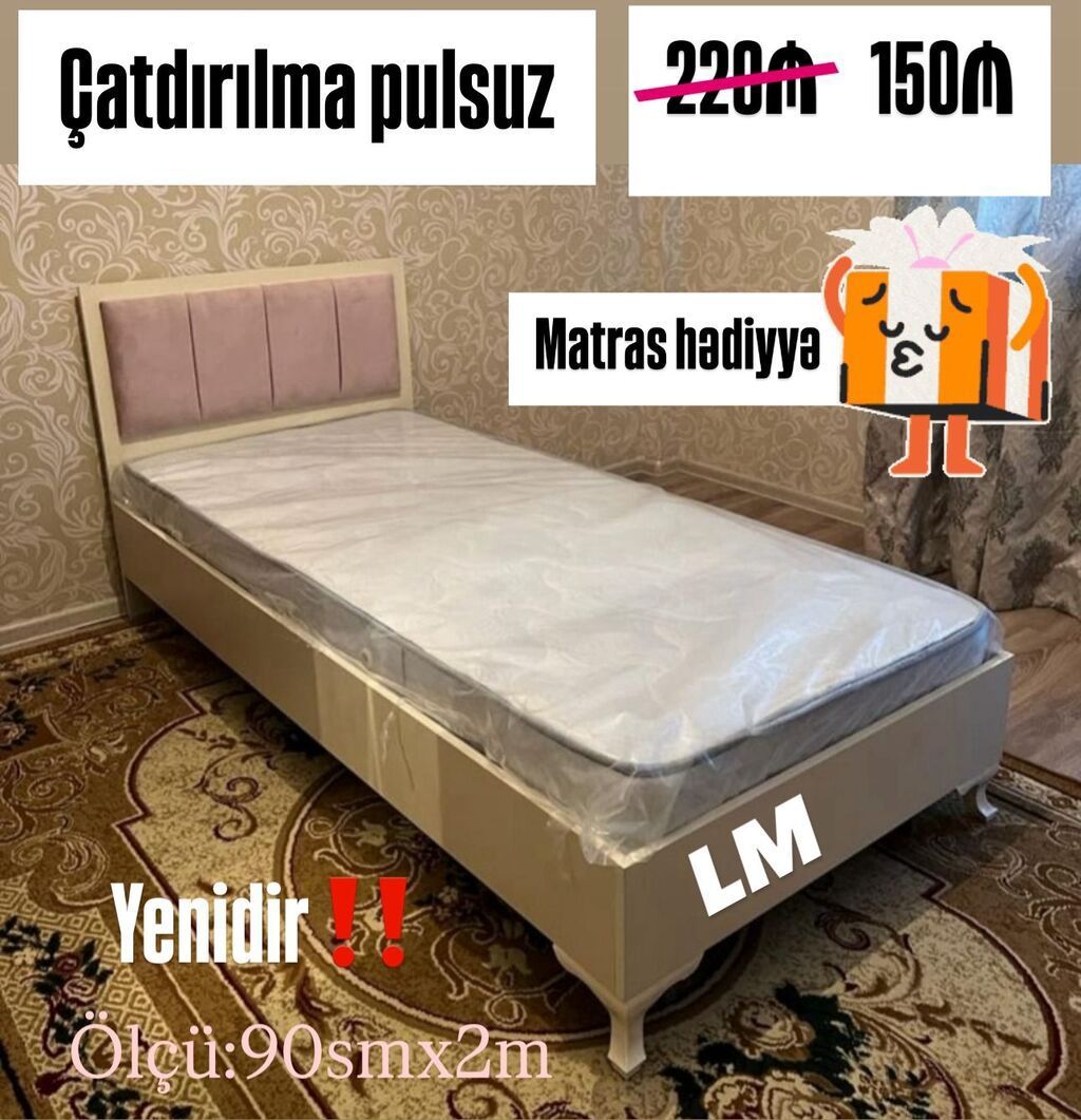 Tək nəfərlik çarpayı – ölçü: 90 sm x 2 m - Yumşaq başlıq hissəsi