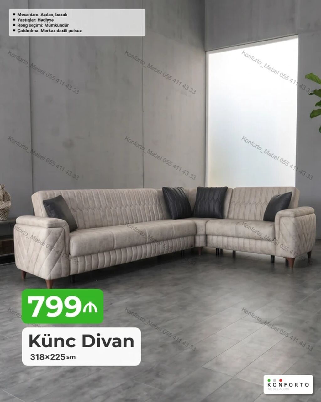 Künc divan – 318×225 sm - Mexanizm: açılan, bazalı (yataq funksiyası — Mebel, Bakı