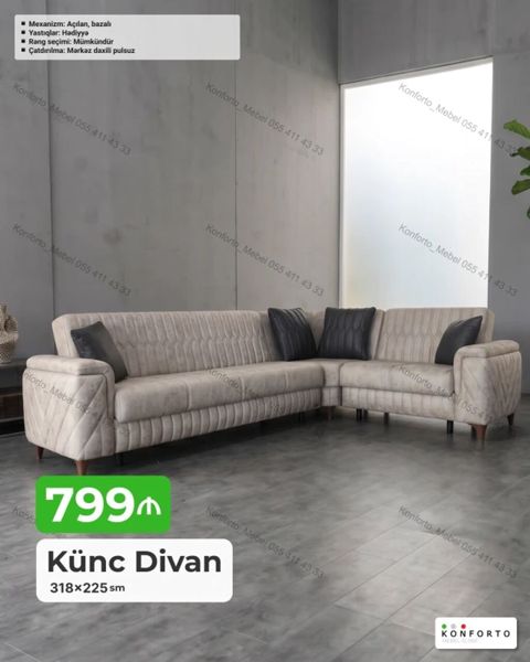 Künc divan – 318×225 sm - Mexanizm: açılan, bazalı (yataq funksiyası — Konforto Mebel — Divanlar