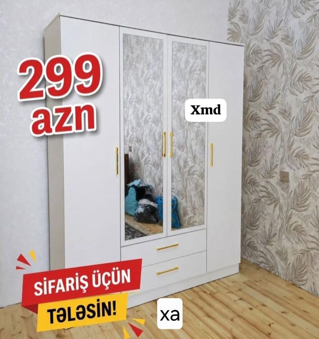 Məhsul: 3 qapılı paltar dolabı (ağ rəngdə) - Ön hissədə 2 ədəd güzgü — Mebel, Xırdalan