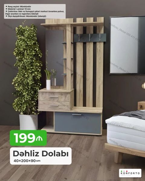 Dəhliz dolabı – funksional və müasir dizayn. Ölçü: 40 × 200 × 90 sm — Konforto Mebel — Dəhliz mebeli