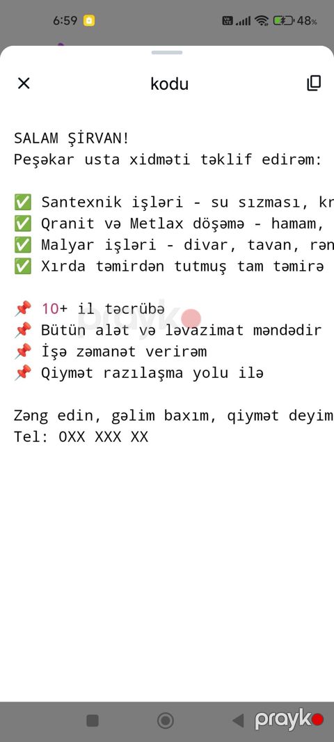 Peşəkar usta xidməti Gördüyümüz işlər: - Santexnik işləri: su sızması — Şirvan