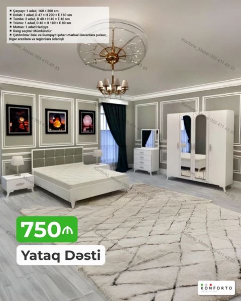 Yataq Dəsti – 750 Dəst tərkibi və ölçülər: - Çarpayı: 1 ədəd, 160 ×