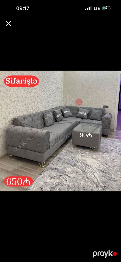 Sifarişlə hazırlanır: bucaqlı yumşaq künc divan dəsti - Rəng: boz — Bakı