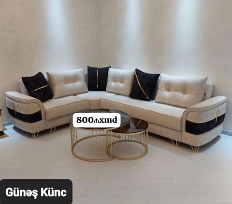 Günəş Künc divan dəsti - L‑şəkilli künc divan: krem rəngli parça
