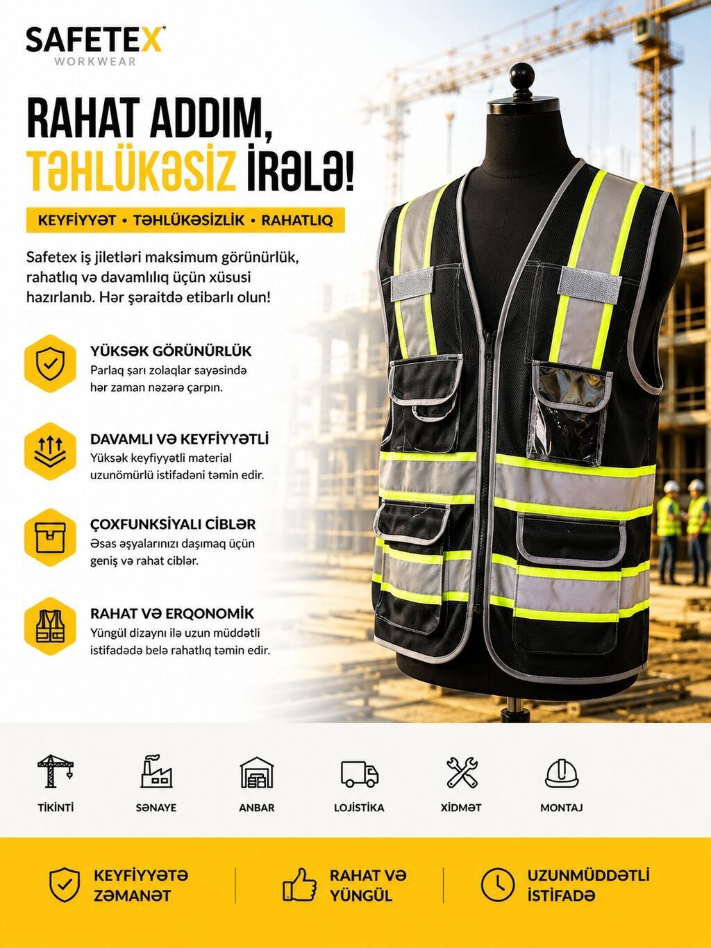 Safetex İş Jiletləri (Sarı, Standart Ölçü) — Qorunma vasitələri, Digah (8)