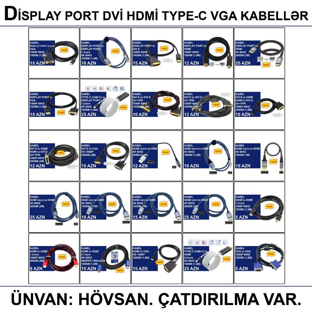 HDMİ DVİ VGA Display Port Type-C USB Kabellər 📍Ünvan: Bakı şəh