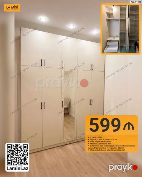 5 qapılı dolab - Ölçü: D 47 H 260 E 200 sm - Rəng seçimi — Bakı