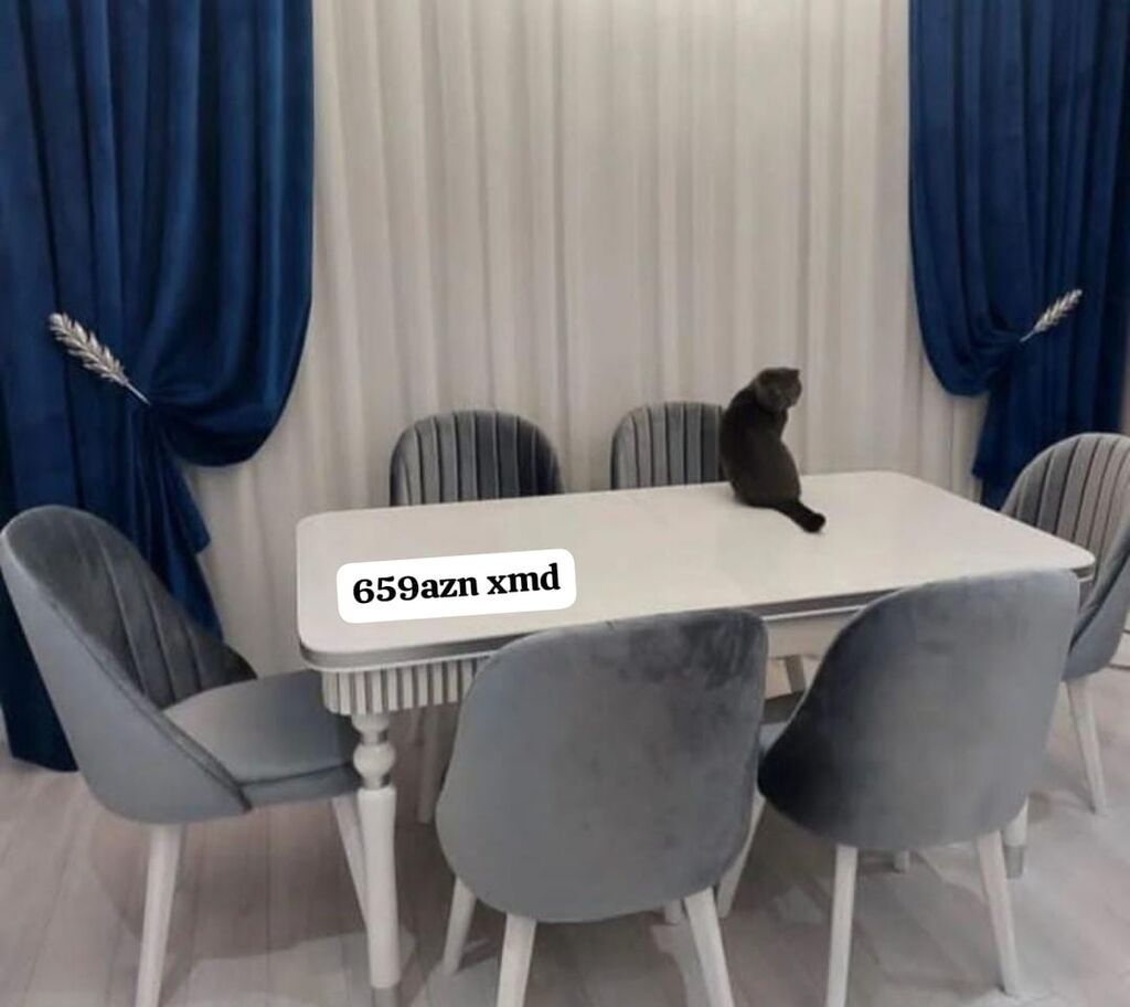 - Yemək otağı dəsti: 1 masa + 6 stul - Rəng: ağ masa, boz/boz-mavi