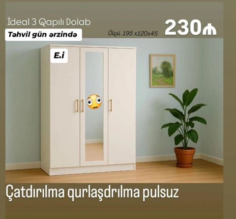 İdeal 3 qapılı dolab - Ölçü: 195 x 120 x 45 sm - Ön hissədə güzgülü