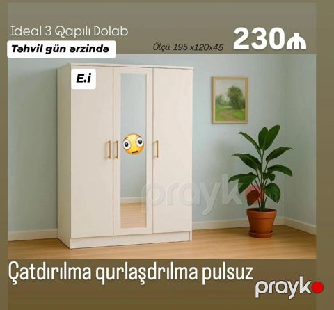 İdeal 3 qapılı dolab - Ölçü: 195 x 120 x 45 sm - Ön hissədə güzgülü — Quba