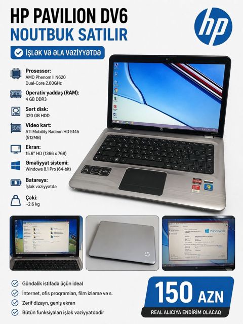 HP Pavilion dv6 noutbuk Texniki xüsusiyyətlər: - Prosessor: AMD