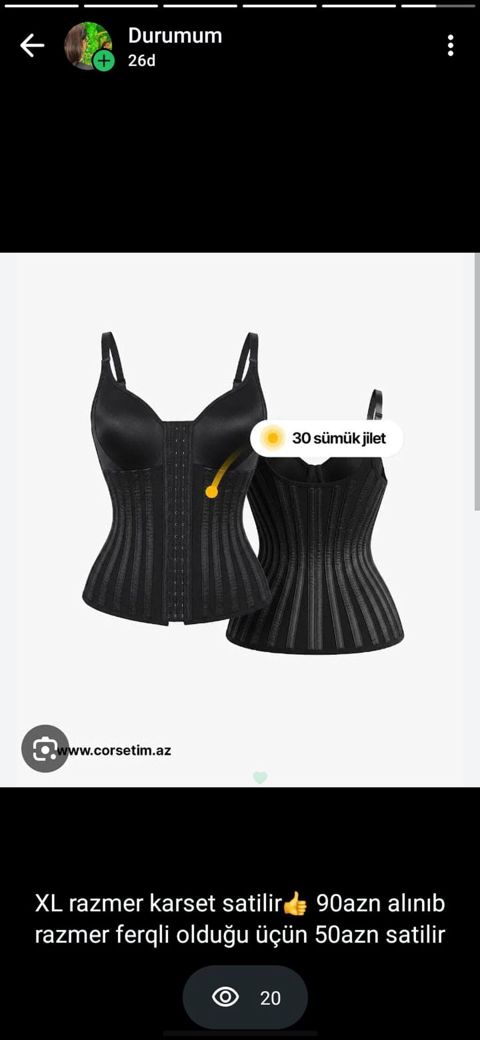 XL ölçü korset yenidir,işlənməyib,razmer böyük olduğu üçün satılır,90