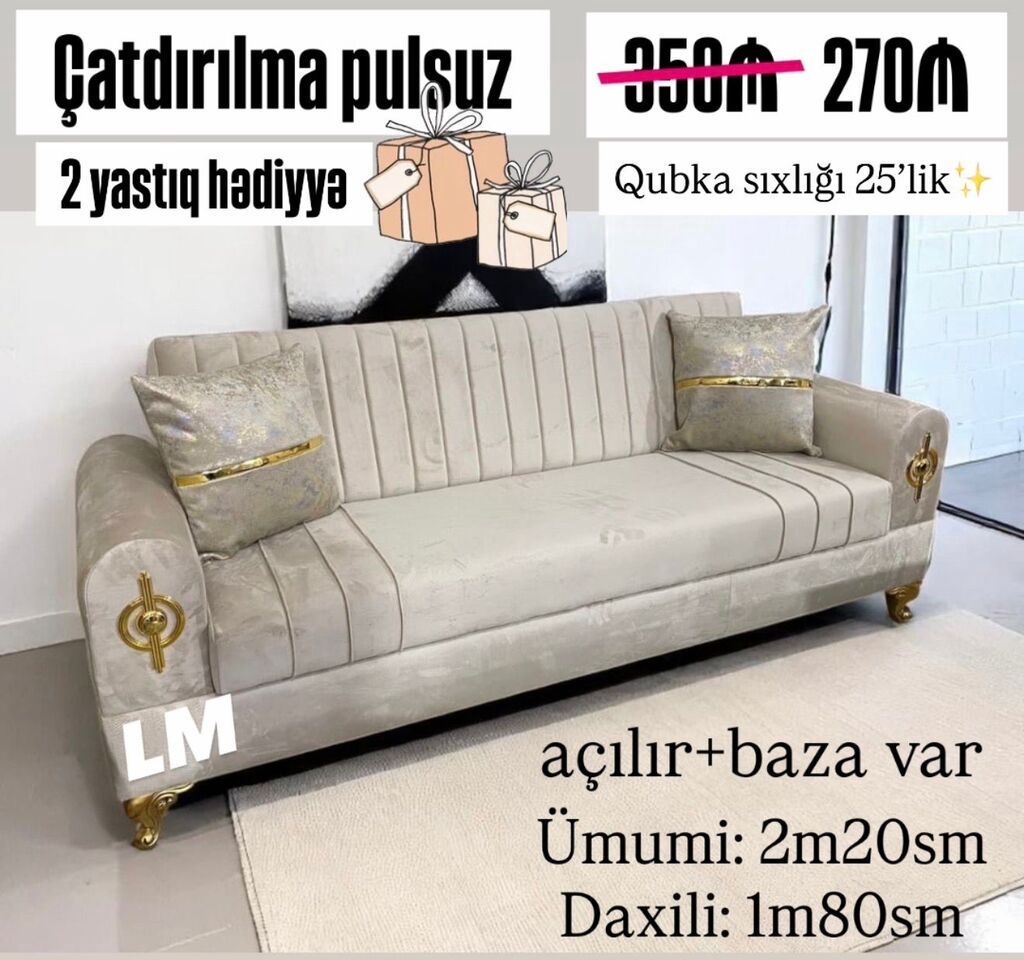 Açılan mexanizmlı, bazalı divan. - Ümumi ölçü: 2 m 20 sm - Daxili — Mebel, Bakı
