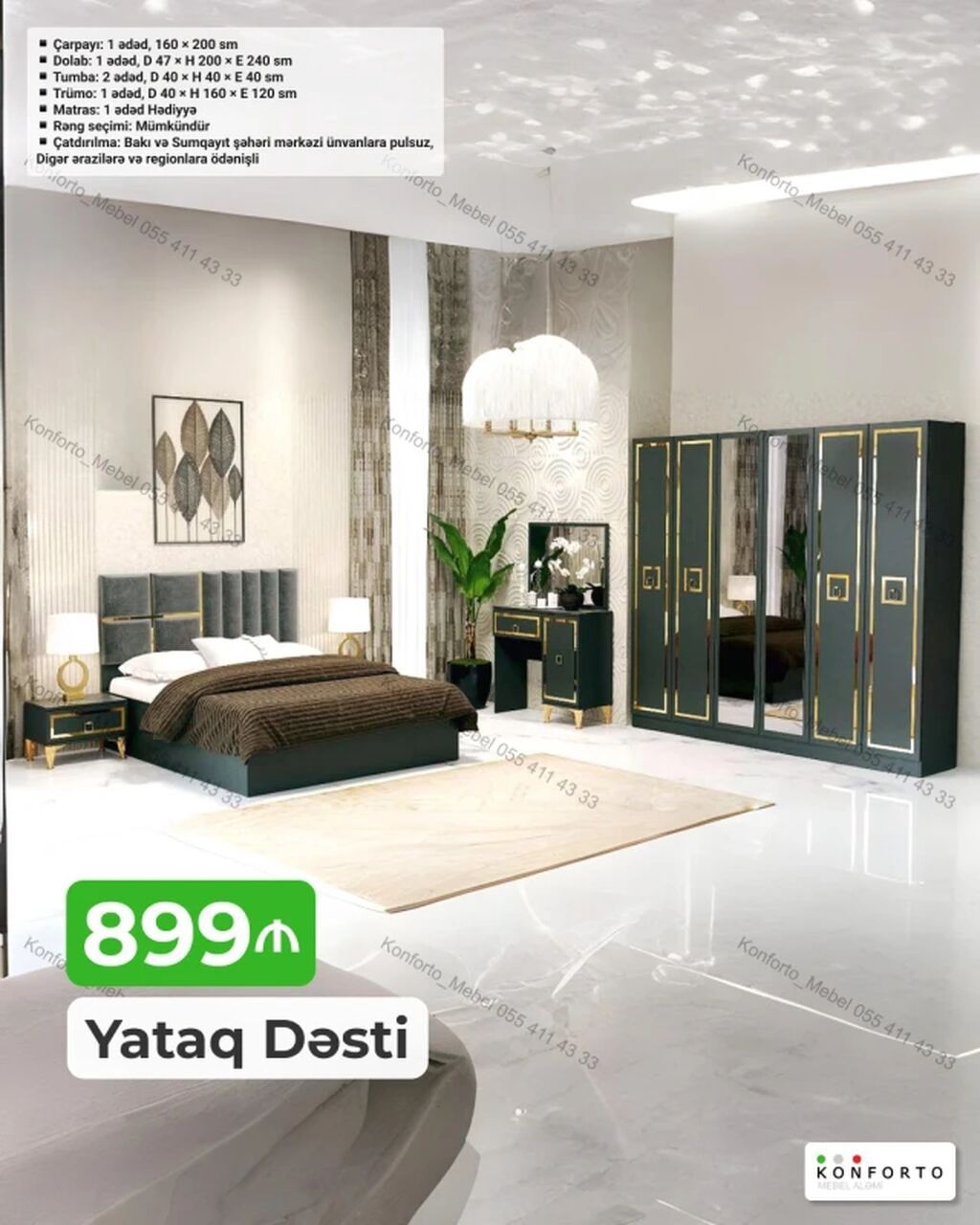 Yataq Dəsti – zərif qara-qızılı dizayn, güzgülü dolab və funksional — Mebel, Bakı