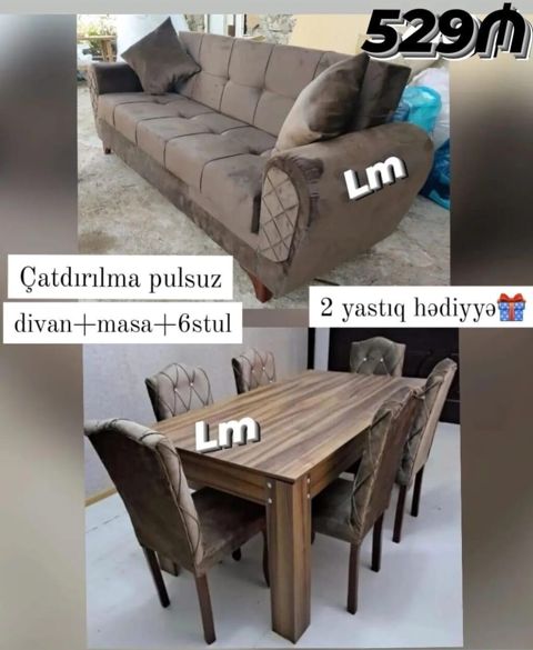 Mebel dəsti: divan + masa + 6 stul - Komlekt: yumşaq oturacaqlı rahat
