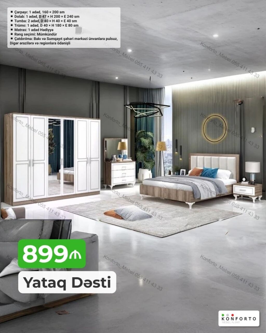 Yataq Dəsti – 899 ₼ Tərkibi və ölçülər: - Çarpayı: 1 ədəd, 160 × 200