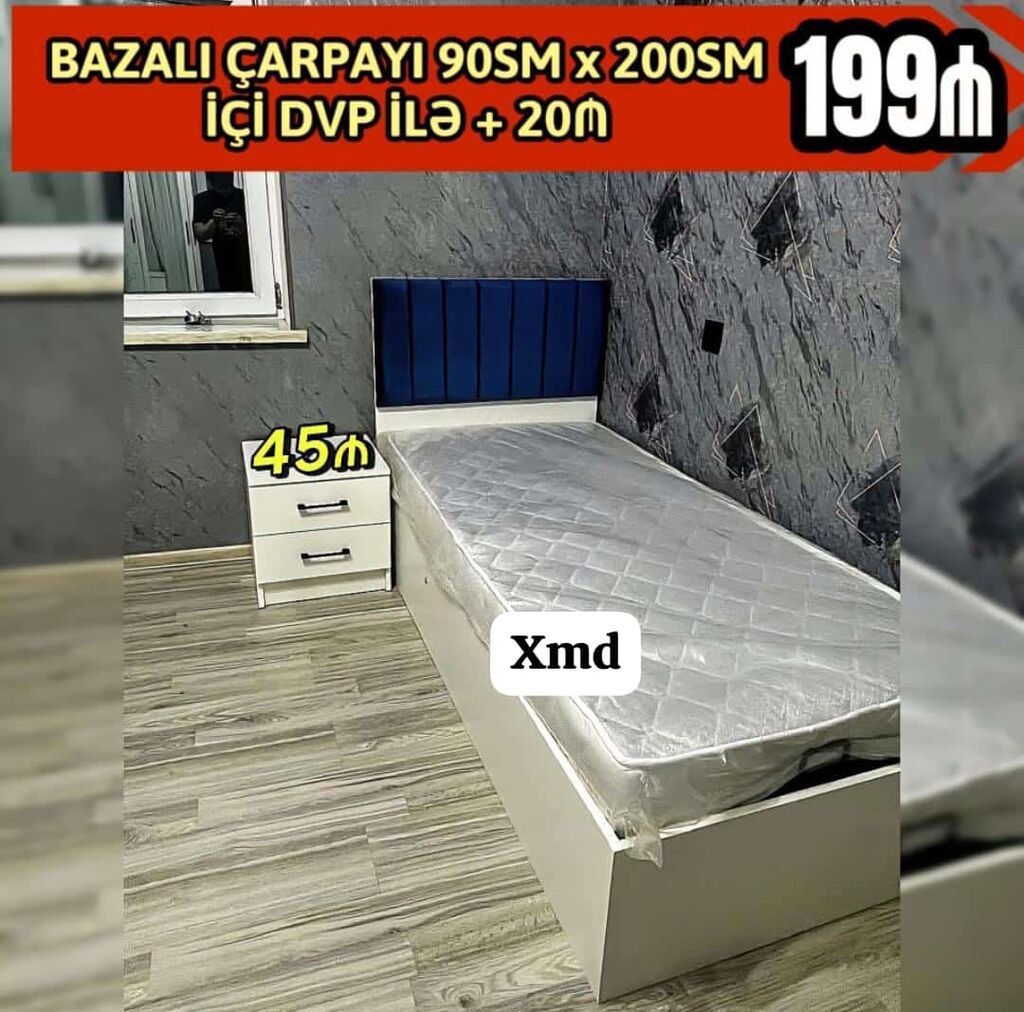 Bazalı tək nəfərlik çarpayı — 90 sm × 200 sm
