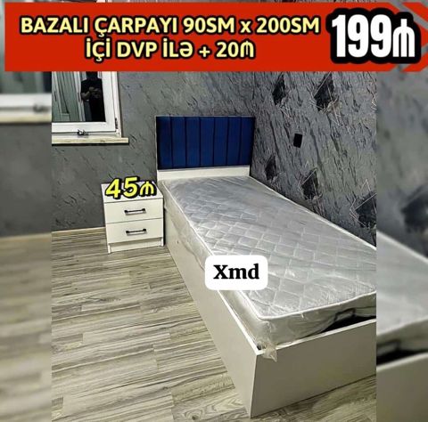 Bazalı tək nəfərlik çarpayı — 90 sm × 200 sm