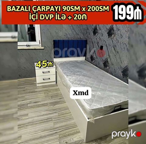 Bazalı tək nəfərlik çarpayı — 90 sm × 200 sm