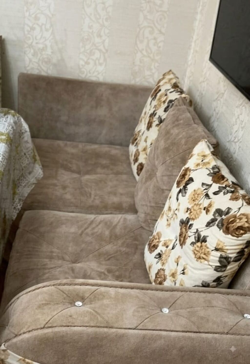 Bej rəngli yumşaq divan + puf - Material: Velveta bənzər yumşaq — Mebel, Bakı (3)
