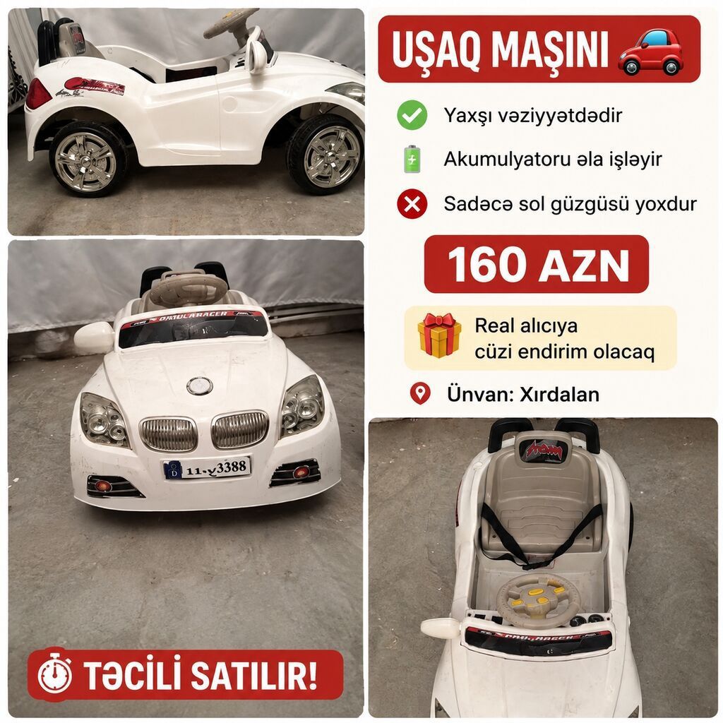 Ağ rəngli uşaq maşını. Akkumulyatorla işləyən modeldir və