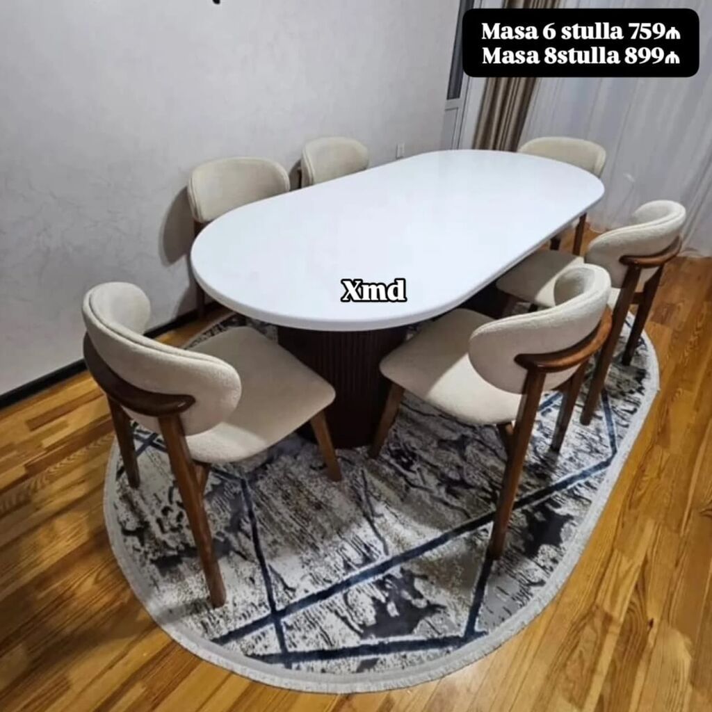 Ağ oval yemək masası və yumşaq oturacaqlı stul dəsti. - Masa: parlaq