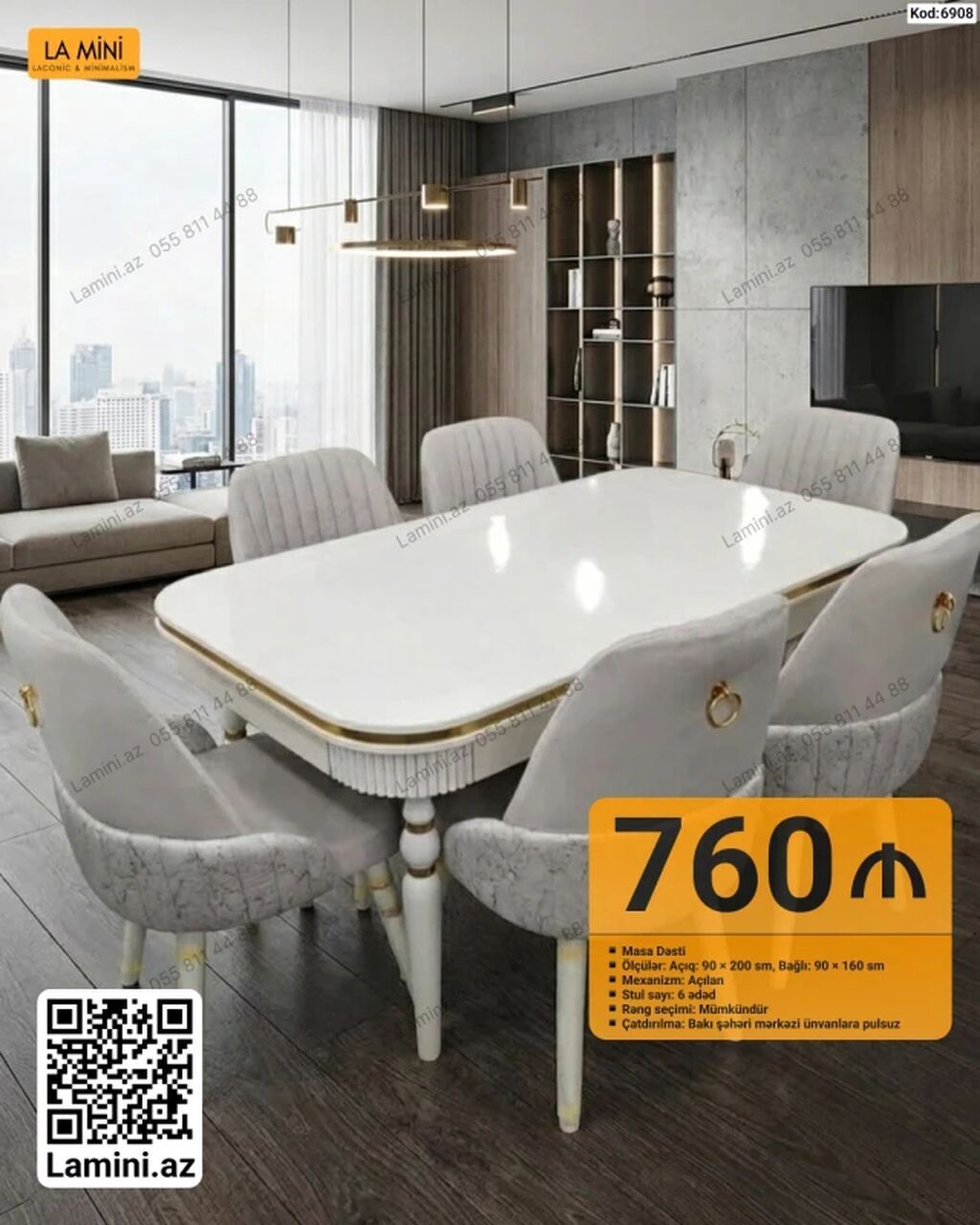 Məhsul: Masa Dəsti (Kod: 6908) • Masa ölçüləri: açıq 90×200 sm, bağlı — Mebel, Bakı