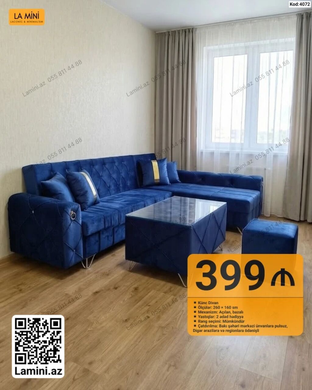 Künc divan dəsti – Kod: 4072 - Ölçülər: 260 × 160 sm - Mexanizm — Mebel, Bakı