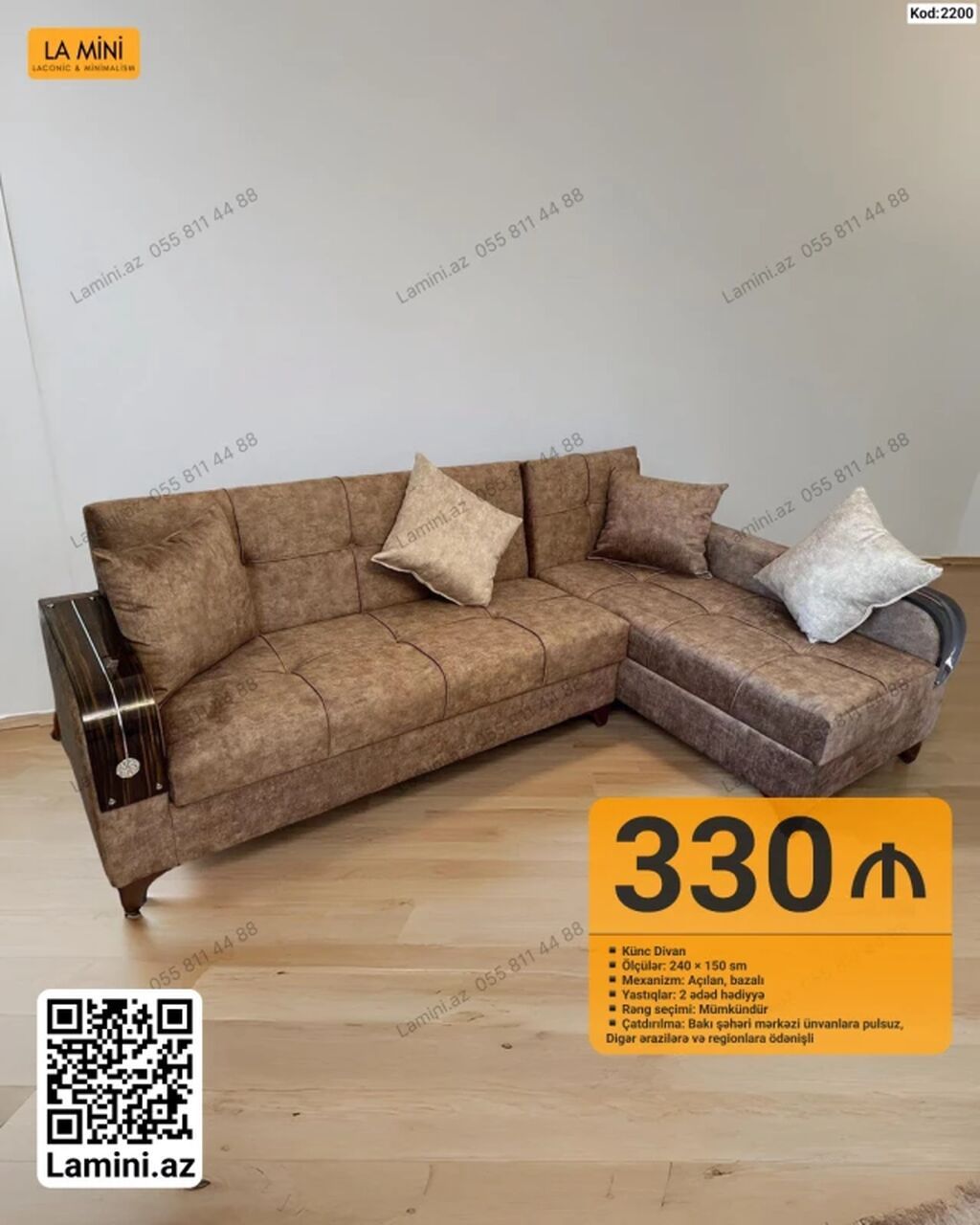 Künc divan – Kod: 2200 - Ölçülər: 240 × 150 sm - Mexanizm: açılan
