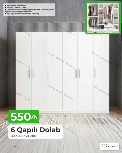6 qapılı paltar dolabı – 47×200×240 sm Xüsusiyyətlər: - Material: 18 — Konforto Mebel — Şkaflar