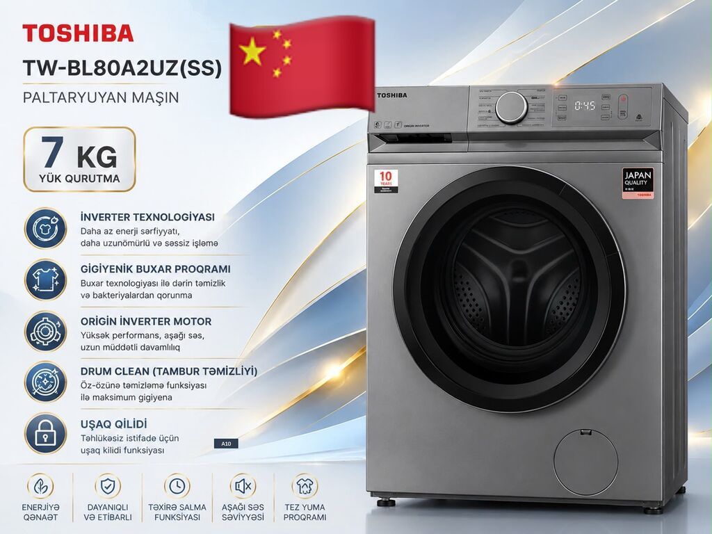 Paltaryuyan maşın Toshiba, 8 kq, Yeni, Avtomat, Qurutmasız, Kredit yoxdur, Ödənişli çatdırılma — Paltaryuyan maşınlar, Sumqayıt (5)