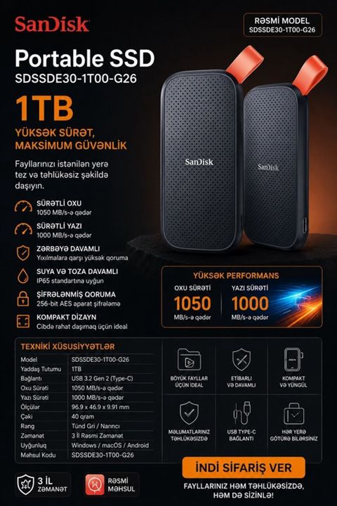 SanDisk Portable SSD SDSSDE30-1T00-G26 – 1 TB