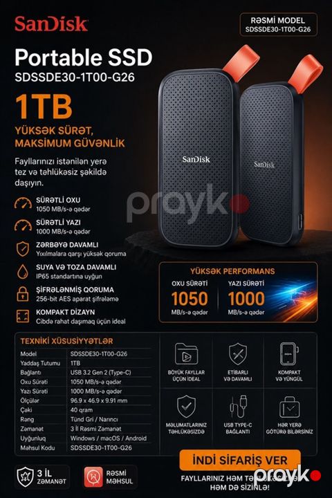 SanDisk Portable SSD SDSSDE30-1T00-G26 – 1 TB — Bakı
