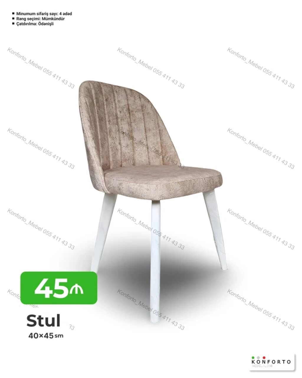 Stul – 40×45 sm - Yumşaq, rahat oturacaq və bel hissəsi; dikey