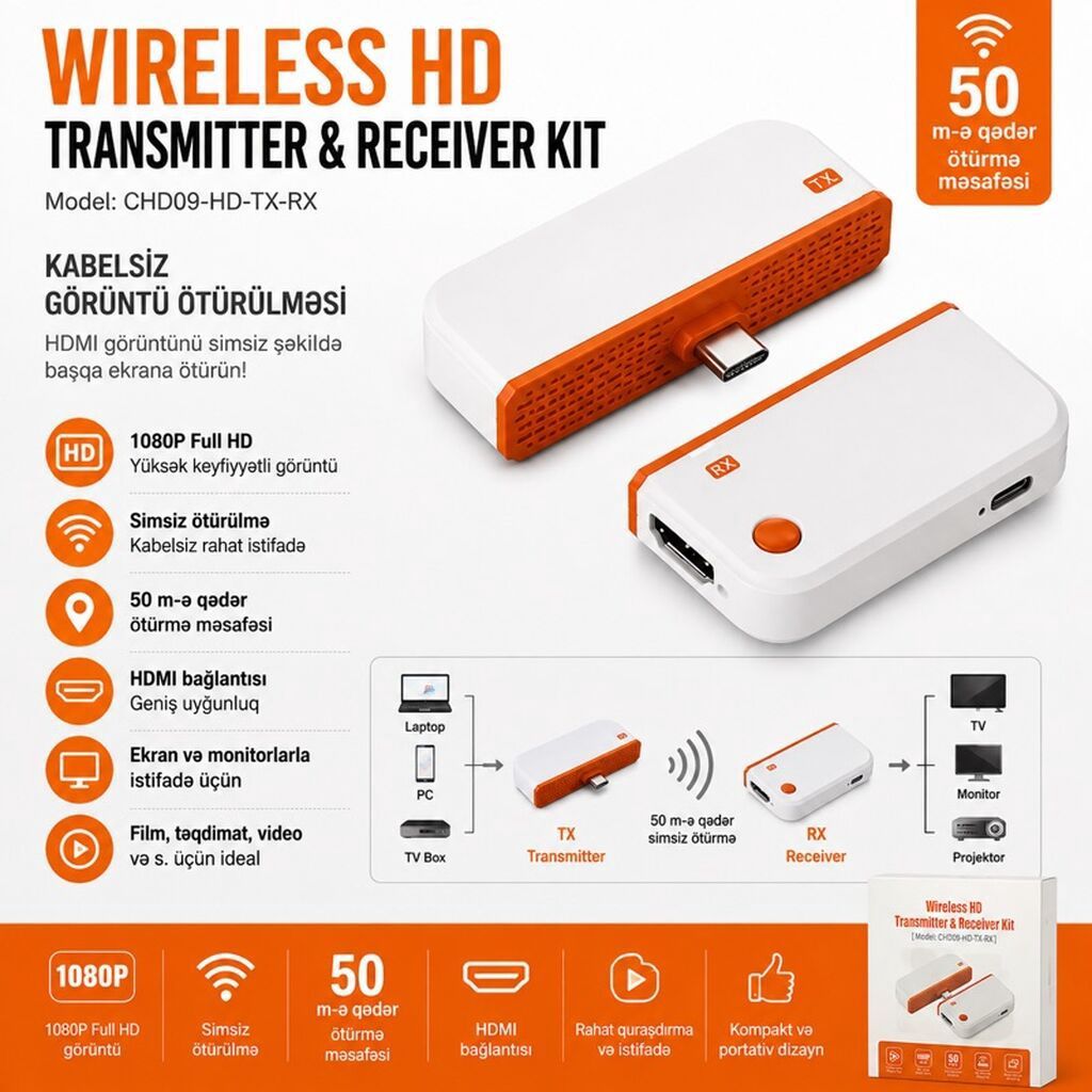 Wireless HD Transmitter & Receiver Kit (Model: CHD09-HD-TX-RX) — TV və Video, Bakı (3)