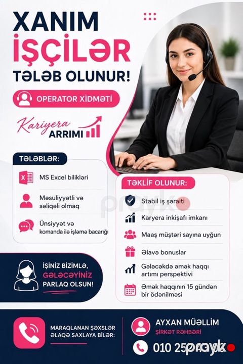 Çağrı mərkəzi operatoru tələb olunur, Yalnız qadınlar üçün, İstənilən yaş, Təcrübəsiz, Ayda 2 dəfə ödəniş — Culfa