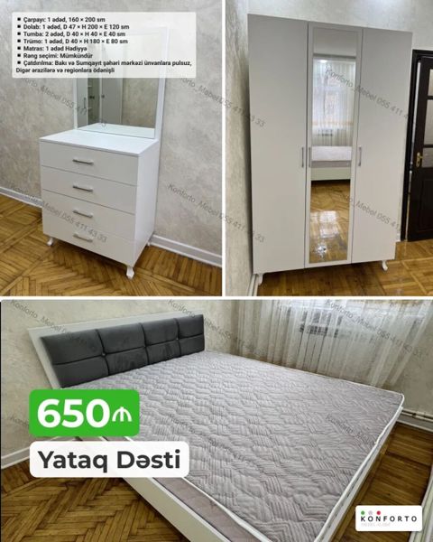 Yataq Dəsti – 650₼ Komplektə daxildir: - Çarpayı: 1 ədəd, 160 × 200 — Konforto Mebel — Bedroom furniture sets